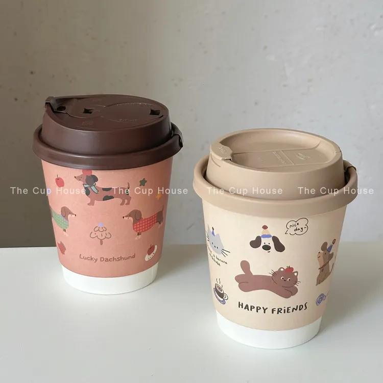 猫咪纸杯可爱腊肠狗纸杯一次性咖啡纸杯加厚ins风图案纸杯奶茶杯