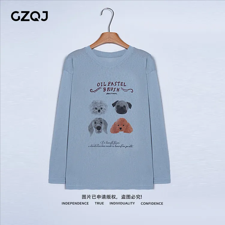 老琴私服【汪屿笔触】欧若风设计小狗圆领长袖上衣防晒T恤衫女7878