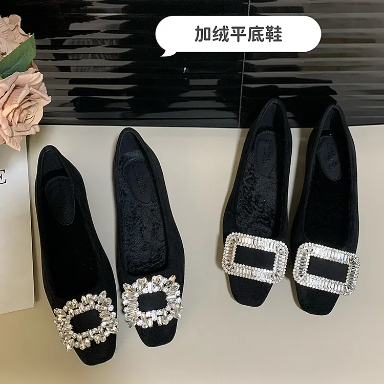 舒适绒面方头单鞋内里加绒软底平跟女鞋新款水钻韩式浅口平底鞋女