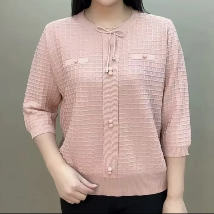 2025春夏新款时尚休闲宽松显瘦针织衫女纯色七分袖百搭舒适妈妈装