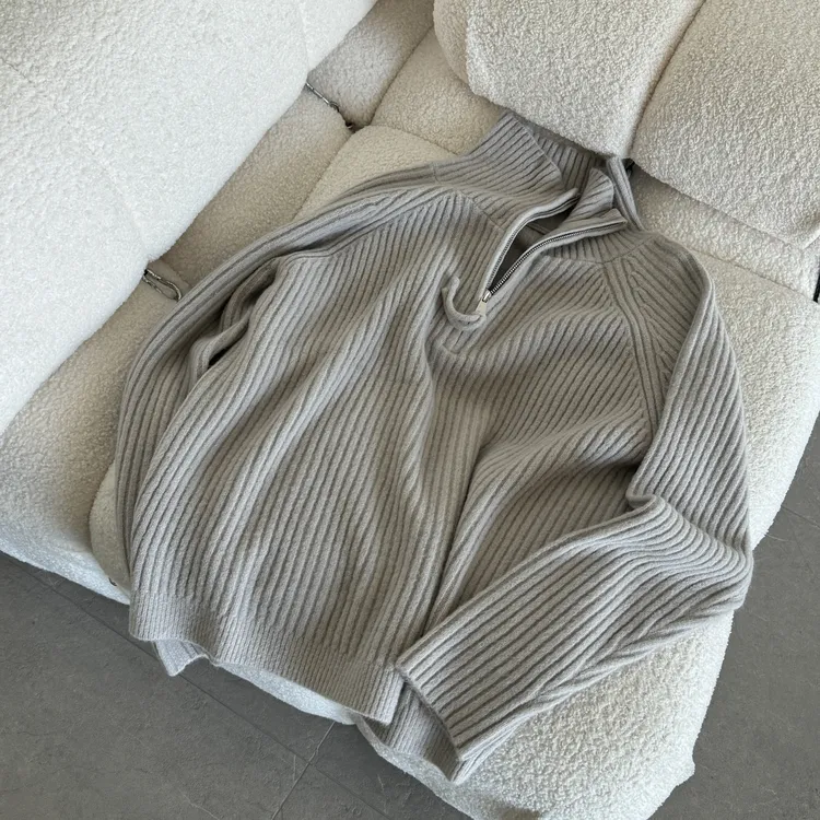 【桂影摇】波尔绒气质时尚百搭简约老钱风毛衣立领针织衫女