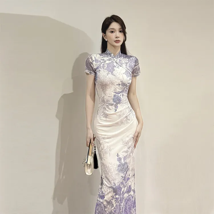 KaDaiShan 复古中国风新中式碎花旗袍连衣裙温婉气质印花开叉长裙