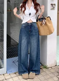 ab3777# 复古深蓝色高腰牛仔裤女秋季水洗显瘦窄板直筒裤