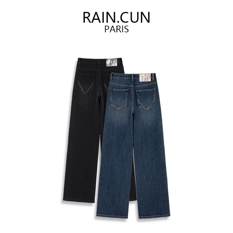RAIN.CUN秋冬高腰窄版阔腿牛仔裤女直筒长裤子加绒加厚显瘦潮保暖