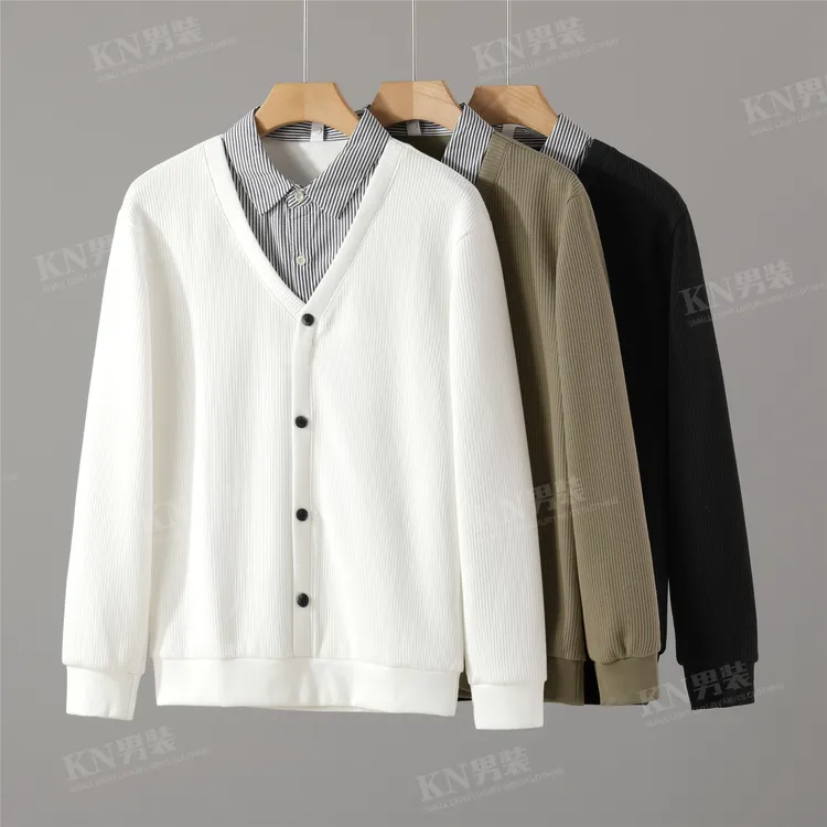 秋季琥珀流光老钱风V领单排扣拼接假两件针织衫撞色时尚百搭长袖