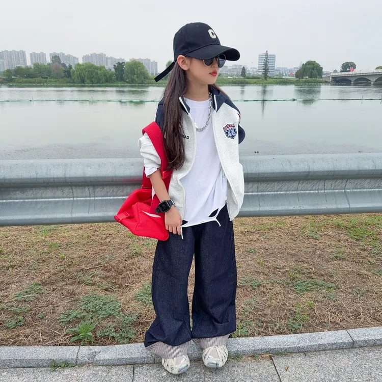 女童开衫卫衣外套秋装2025新款大童学院风女孩百搭阔腿直筒牛仔裤
