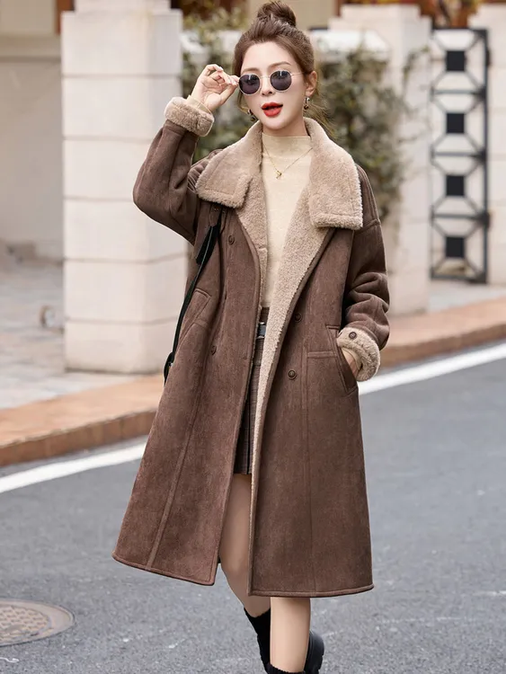 长款皮毛一体防鹿皮绒棉衣外套女冬2025新款洋气加厚加绒棉服大衣