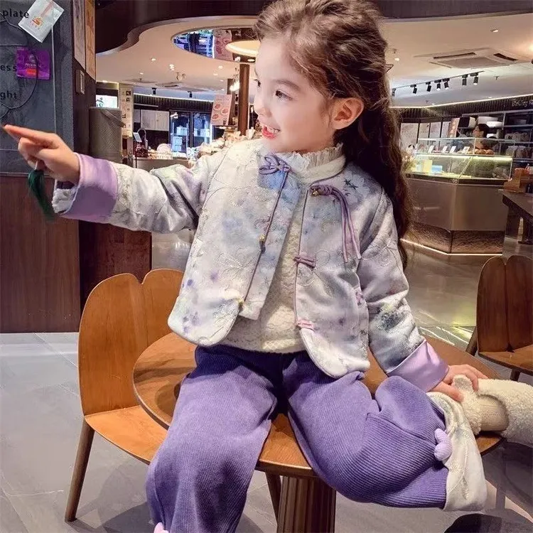 冬款女童新中式2025新款儿童盘扣汉服外套女孩国风阔腿裤套装