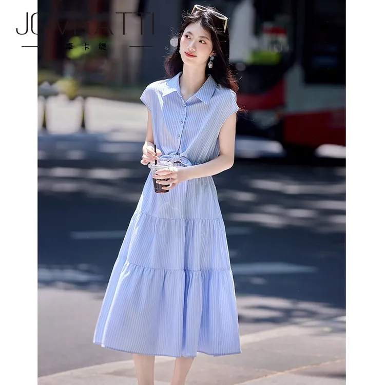 卓卡缇蓝色条纹翻领连衣裙女夏2025新款小个子轻薄显瘦短袖蛋糕裙