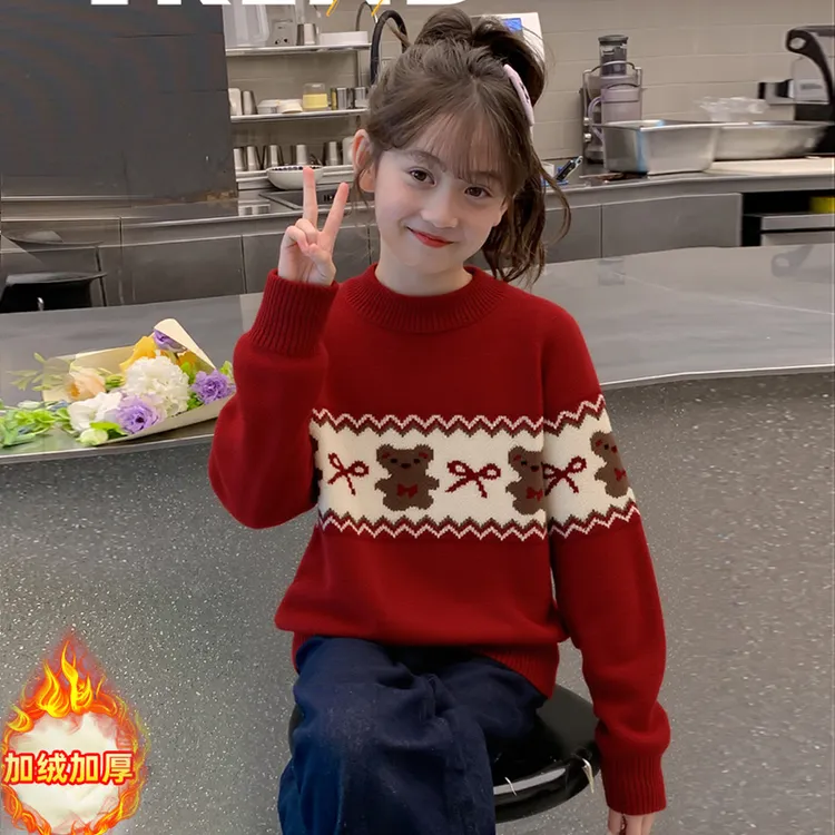 女童加绒毛衣2025秋冬新款儿童圣诞小熊加厚针织衫上衣新年拜年服