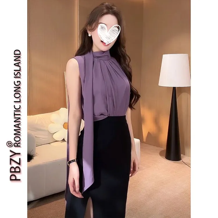夏季新款温柔无袖飘带气质修身雪纺衬衫上衣女2025新款   6651#