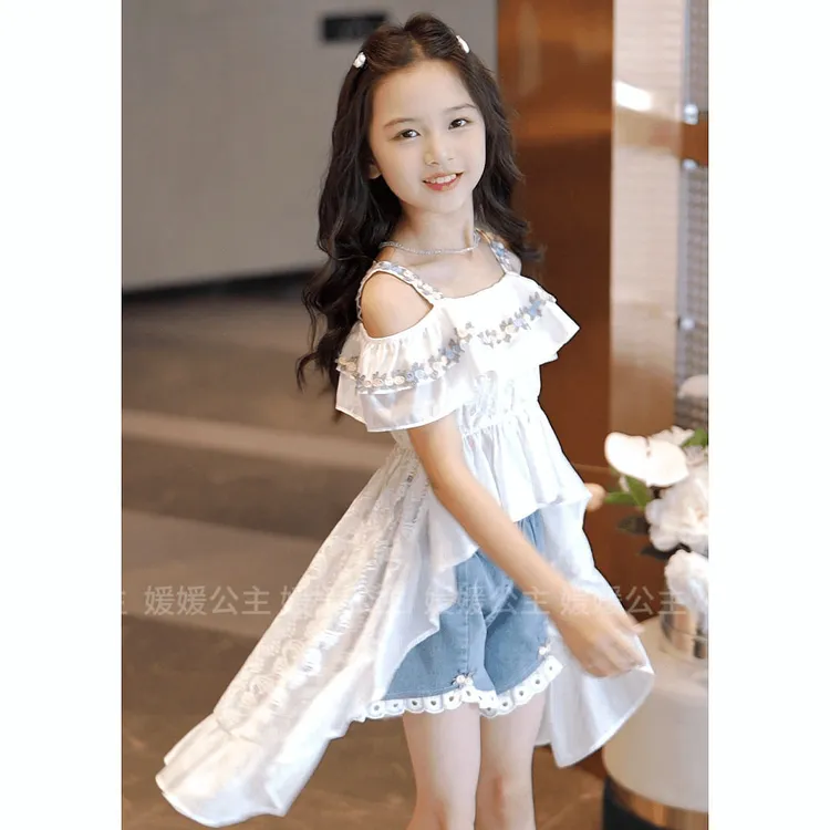 女童夏款套装2025新款女宝宝洋气网红花边吊带上衣牛仔短裤两件套