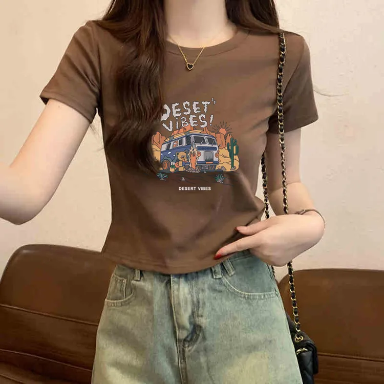 圆领正肩短袖t恤女夏季新款修身辣妹漂亮小个子短款爆款洋气上衣