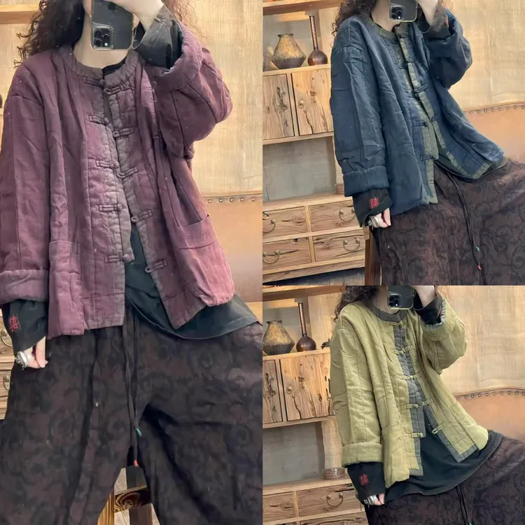 亚麻撞色边盘扣棉服(衣长67胸围140)
