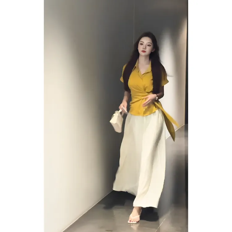 MARIE.COCO气质高级感绝美套装女多巴胺黄色收腰上衣半身裙两件套