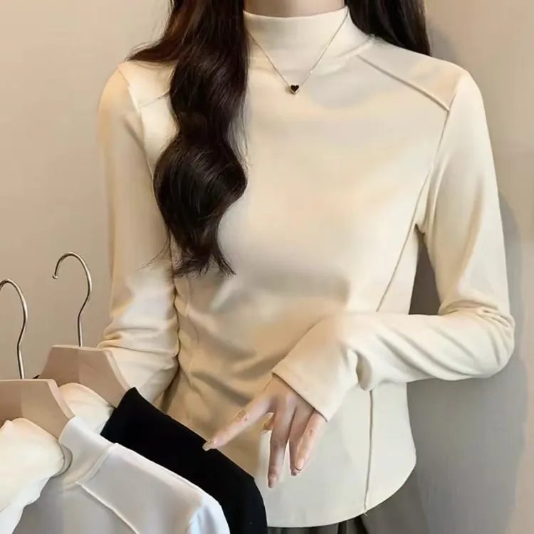 【半高领】鱼骨打底衫磨毛檽米自发热设计感显瘦 简约修身流行