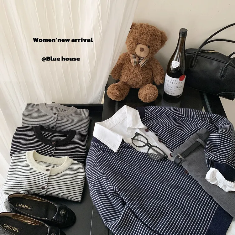 miu系高智风简约i复古条纹圆领针织开衫女秋洋气休闲叠穿外套上衣