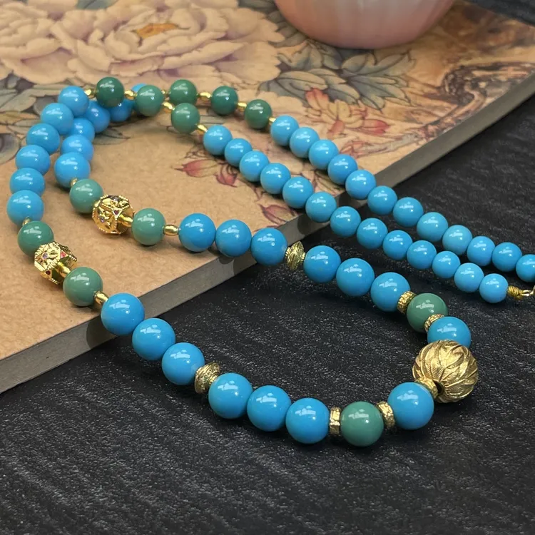 【珺笙珠宝】典藏•原矿蓝绿双拼色绿松石18K金圆珠项链5-6mm