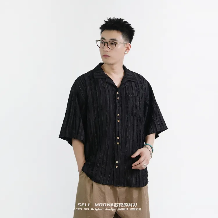 SELLMOON夏季新款条纹休闲宽松薄款男士痞帅慵懒风男装短袖衬衫