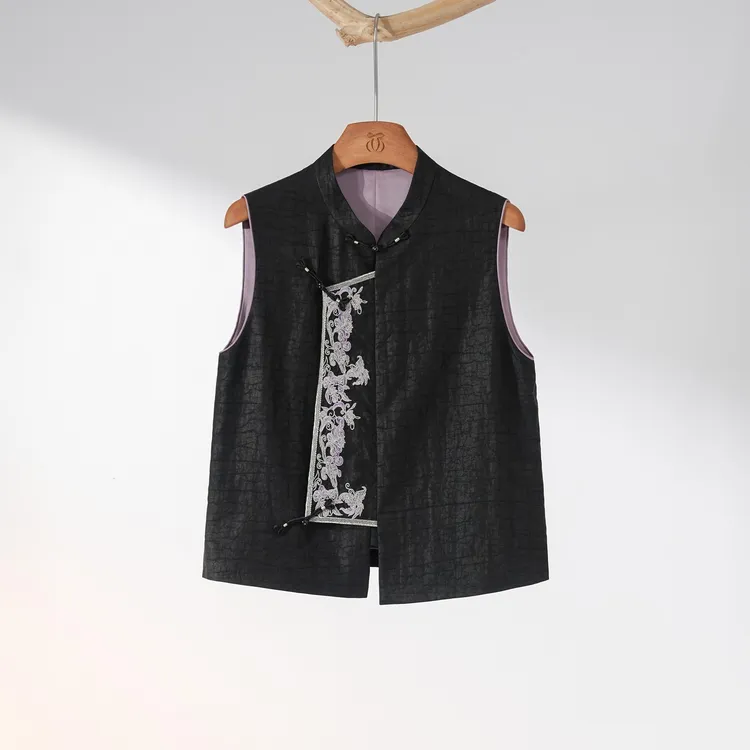 西子/【紫金褂】24姆米非遗香云纱龟裂纹刺绣黑色马甲/MJTJ309