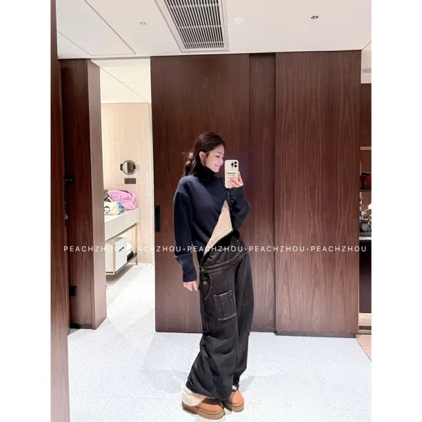 PEACHZHOU 原牛'不掉色'丹宁北极绒牛仔背带裤宽松可调节连体裤