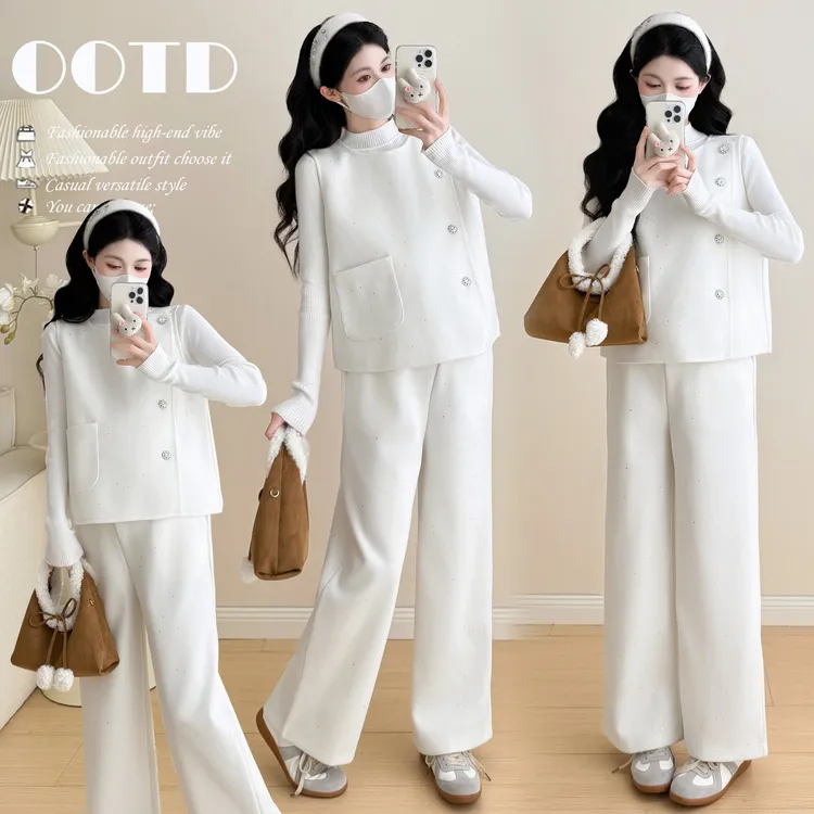 实拍现~孕妇装冬季时髦穿搭加厚裤子套装三件阔腿裤套装