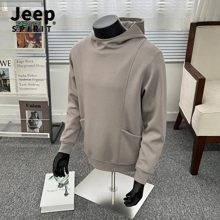 Jeep吉普潮牌高街秋季连帽衫高领卫衣重磅双明兜设计感结构款卫衣