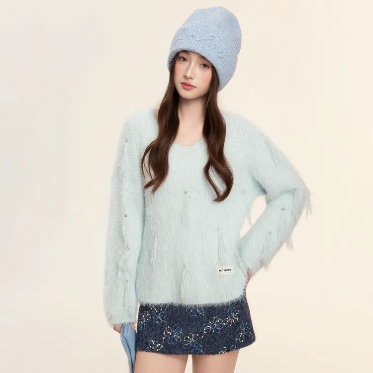 ICYNUDE官方店薄荷绿流苏针织上衣设计感甜美减龄宽松毛衣女秋冬