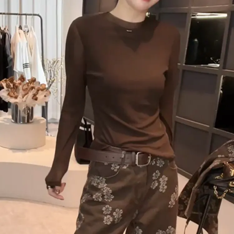 琥珀流光长袖打底T恤女2025新款秋季圆领设计感时尚百搭显瘦上衣