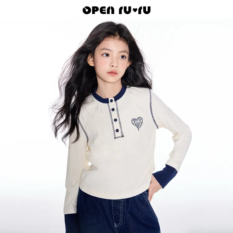 女童撞色刺绣T恤秋季设计感亲肤百搭漂亮出片衣服上衣童装反季