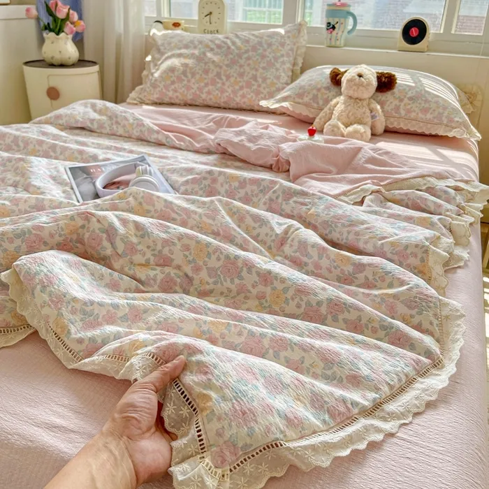 云栖！2025新云感木棉皱皱纱花边款四件套床单薄款夏凉被空调被套