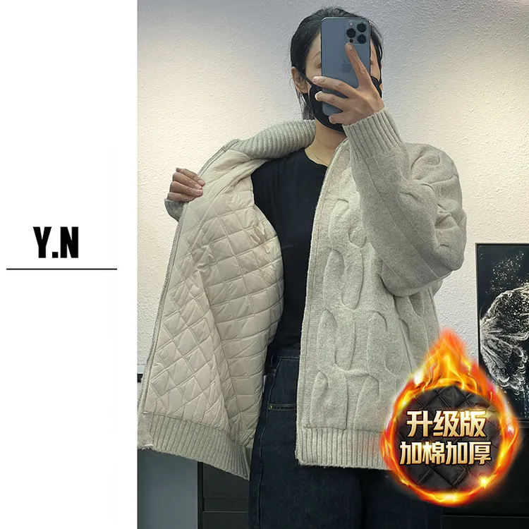 【含绵羊毛】冬季小马刺绣加棉加厚麻花男士立领针织开衫棉衣外套 