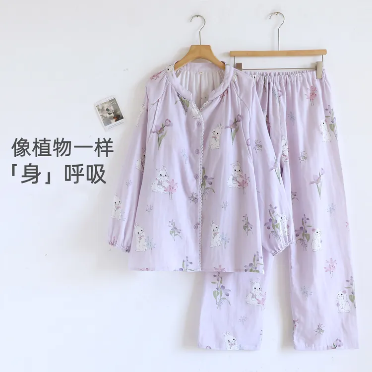 竹棉哺乳月子服夏季薄款纱布带胸垫孕妇睡衣产后产妇喂奶衣套装