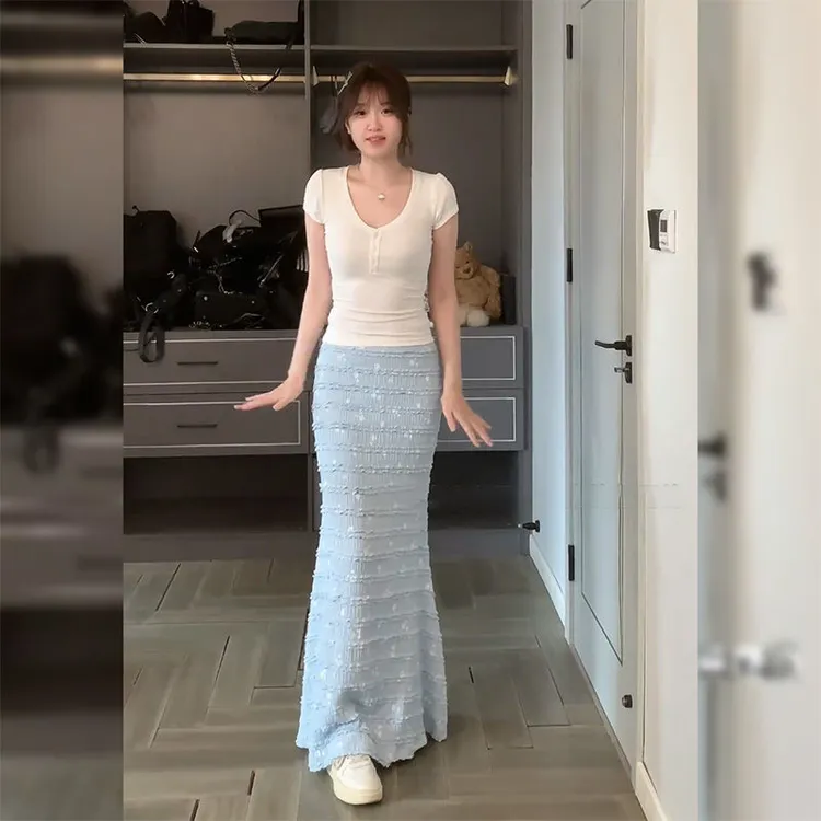 纯欲温柔风套装女2025夏季新款性感紧身短袖鱼尾半身裙两件套女装