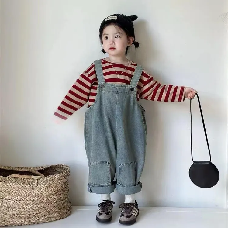 儿童背带裤套装2025春季新款韩版可爱复古两件套女宝宽松上衣裤子