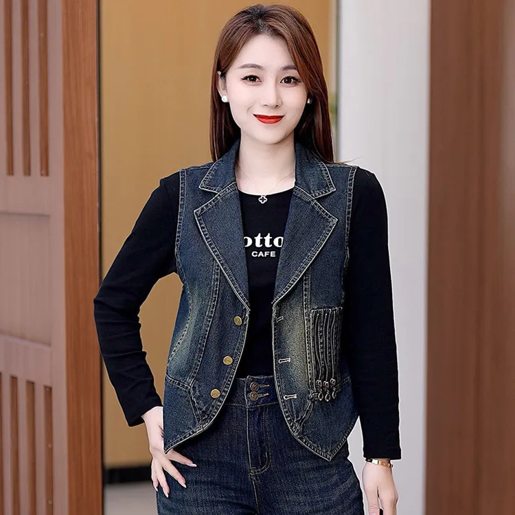 高含棉韩版时尚气质牛仔马夹女2025春秋新款复古无袖翻领显瘦上衣