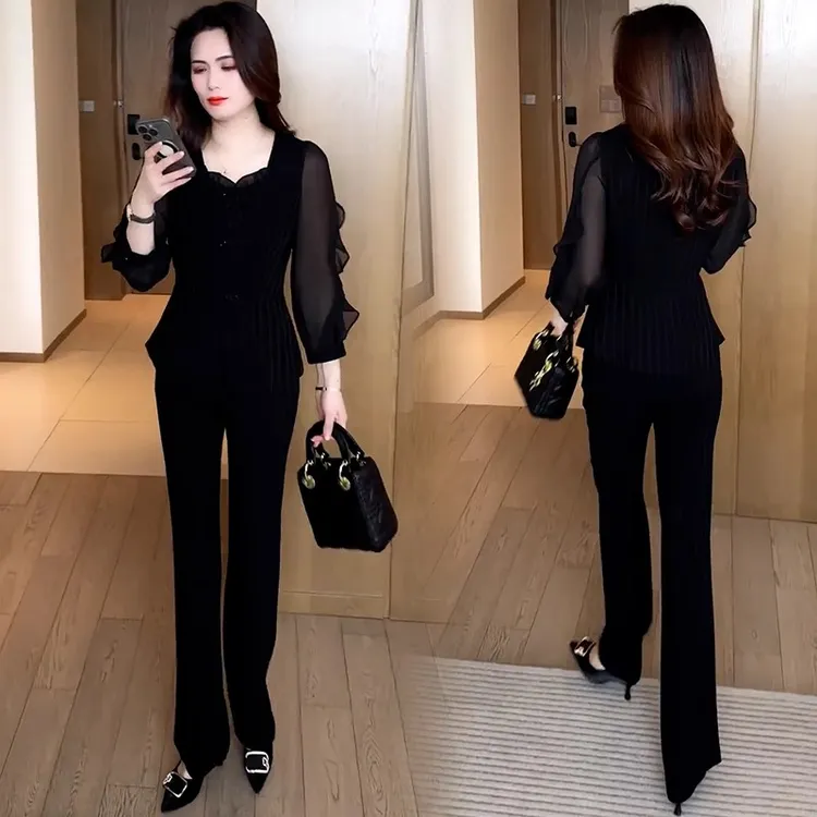 时尚雪纺套装女2025夏季新款洋气显瘦减龄七分袖上衣阔腿裤两件套