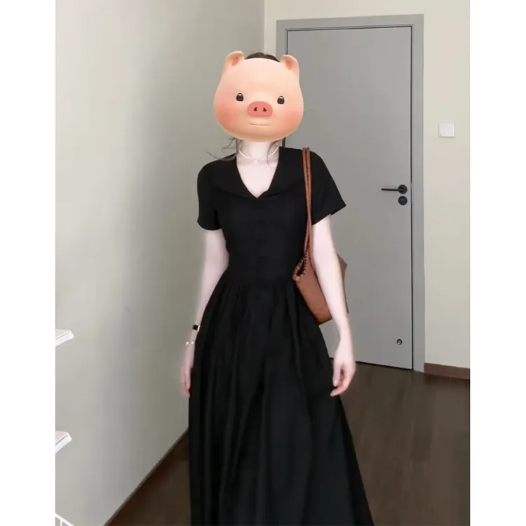 A1867#连衣裙女2025夏季法式气质翻领设计感收腰显瘦中长款裙子