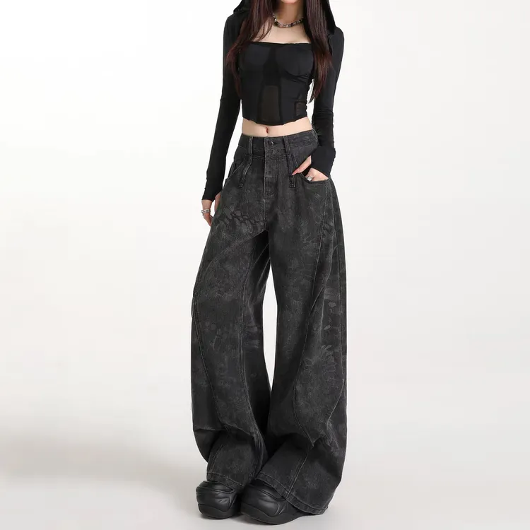 黑色印花工装牛仔裤女秋季新款小众设计感高腰宽松解构弯刀阔腿裤
