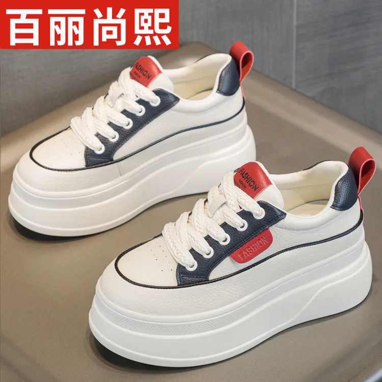 百丽尚熙9cm厚底内增高小白鞋女2025秋季新款时尚百搭休闲松糕鞋1