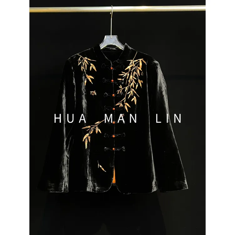 【花滿林】小立领玉石扣重工刺绣真丝桑蚕丝丝绒上衣51069