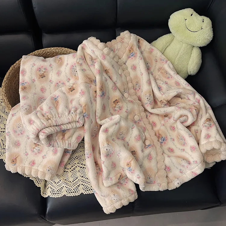 珊瑚绒睡衣女款冬季加绒加厚卡通可爱秋冬款可外穿家居服两件套装