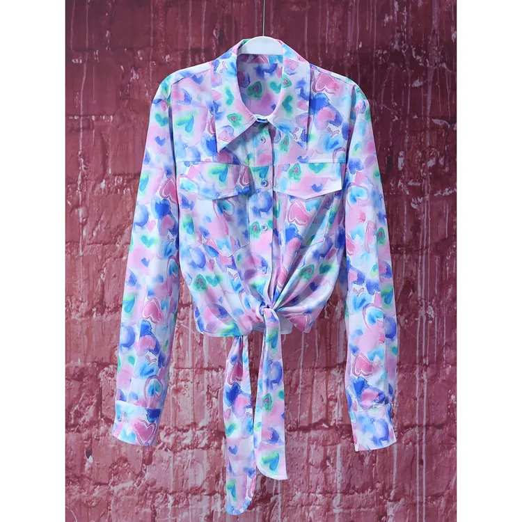 【韩哥女装】设计师高定小众蓝紫撞色碎花飘带休闲衬衫7303A