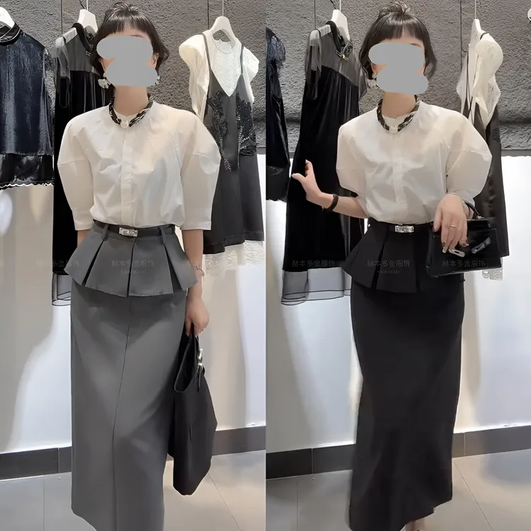2025早秋新款极简风通勤时尚泡泡袖衬衫百搭个性假两件半身裙套装