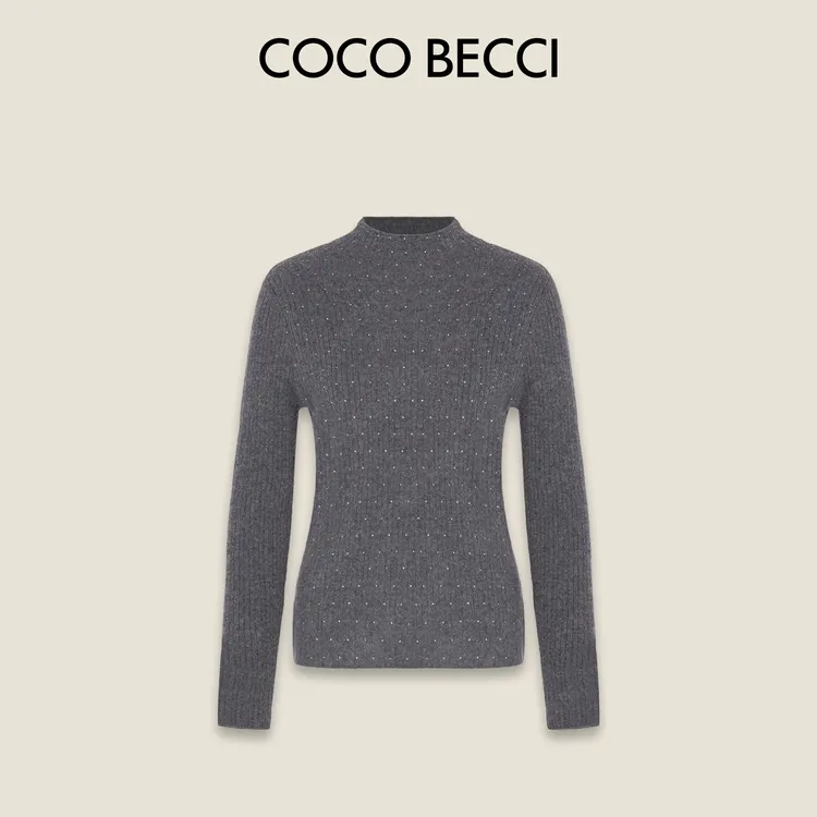 COCOBECCI【满天星羊绒】100%山羊绒坑条针织烫钻打底衫CFXYC331167