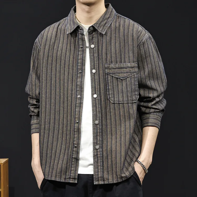 秋季新款条纹提花牛仔长袖衬衫男士2025潮牌宽松休闲衬衣男外套潮