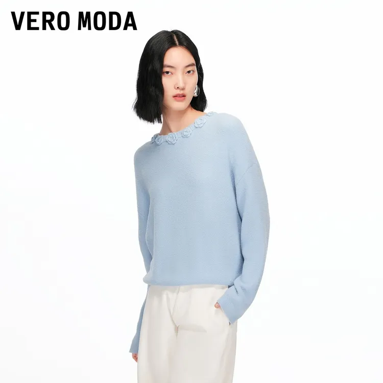 Vero Moda毛衣女2025秋冬新领口花朵纯色针织法式上衣百搭松弛感