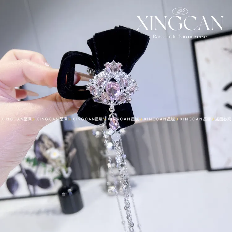 白色丝绒蝴蝶结流苏抓夹简约风轻奢气质侧边后脑勺盘发夹子头饰女