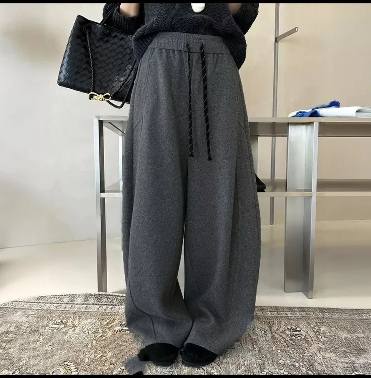 抽绳高腰加厚加绒弯刀阔腿裤女2025秋冬宽松显瘦运动休闲拖地裤子