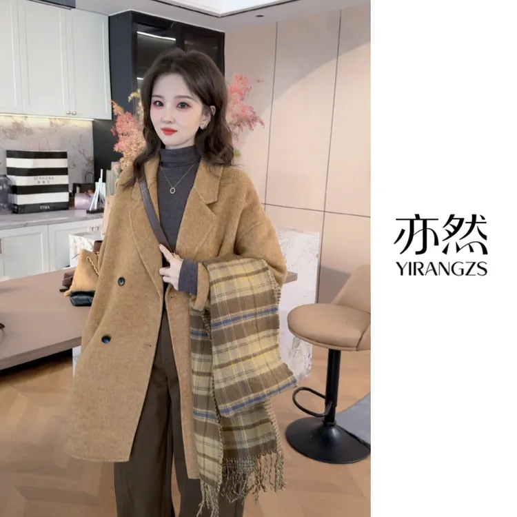 25903秋冬季时尚法式慵懒风双排扣翻领宽松廓形长短款羊毛大衣 